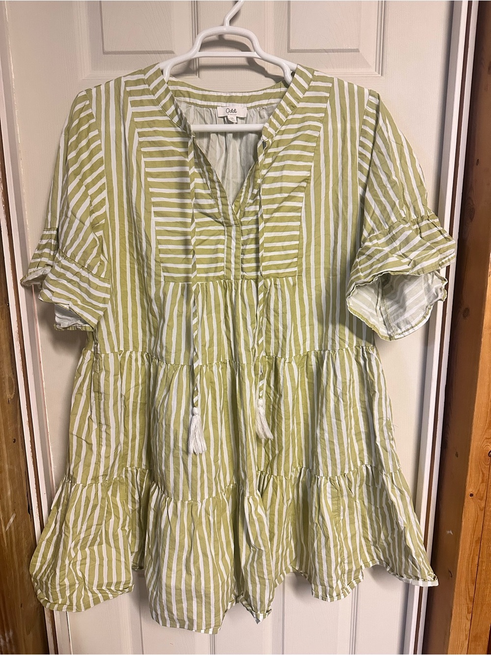 Striped Smocked Hem Dress - Green & White
